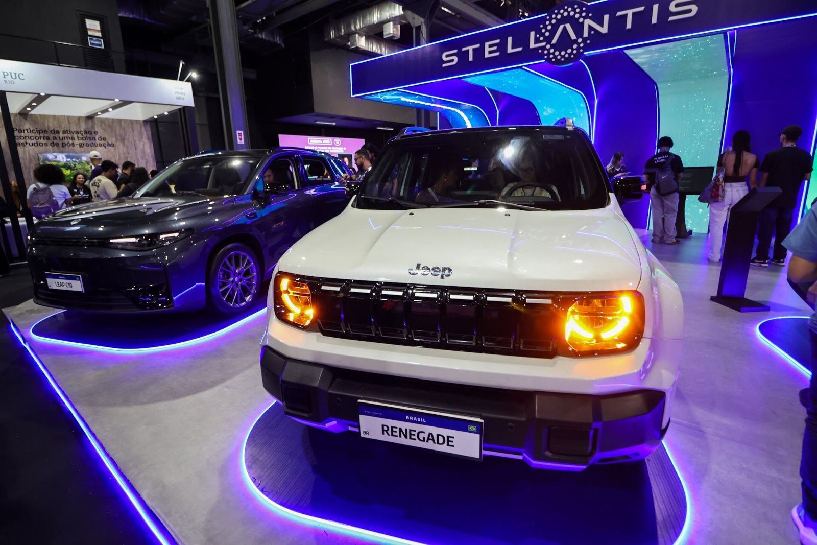 Stellantis booth with cars and LED lighting