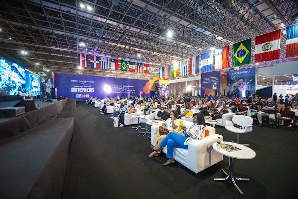 Convention hall with flags of the countries of the Americas